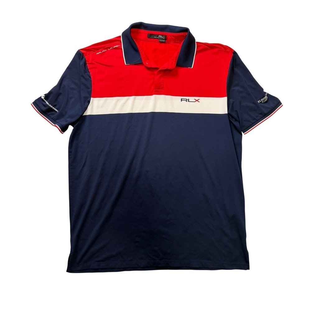 RLX Ralph Lauren Mens XL Colorblock Performance Golf Polo Navy Red White Stretch